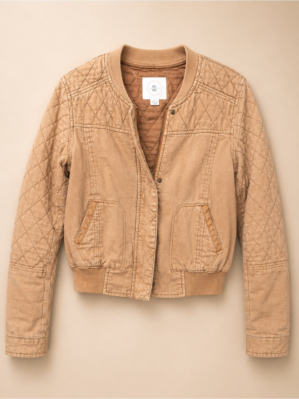 Hei Hei Anthropologie Apricot/Tan Quilted Bomber Jacket Size S